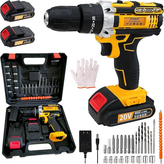 Cordless Drill with Battery and Charger, Power Drill Cordless, Electric drill Set with 3/8 Keyless Chuck, 25+3 Torque Settings for Screwdriving, Drilling (2 Batteries)