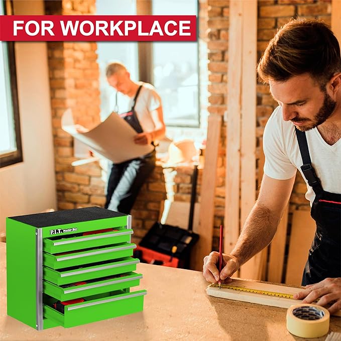 P.I.T. Mini Green Tool Box, Portable 5-Drawer Micro Roll Cab Steel Stackable Tool Box with Liner, Green Small Tool Case for Tools Storage and Organizers, Home DIY