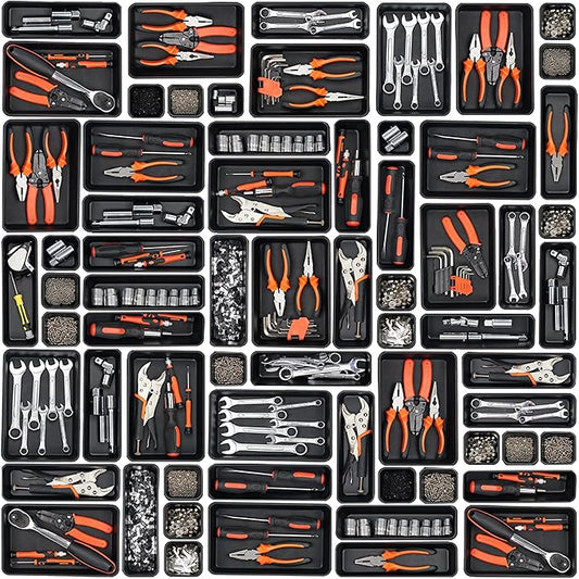 45 Pack Tool Box Organizer Tray Divider, Toolbox Desk Drawer Organizer,Garage Organization Storage for Rolling Tool Chest Cart Cabinet Workbench Workshop Small Parts Widget Tool Organizer Black