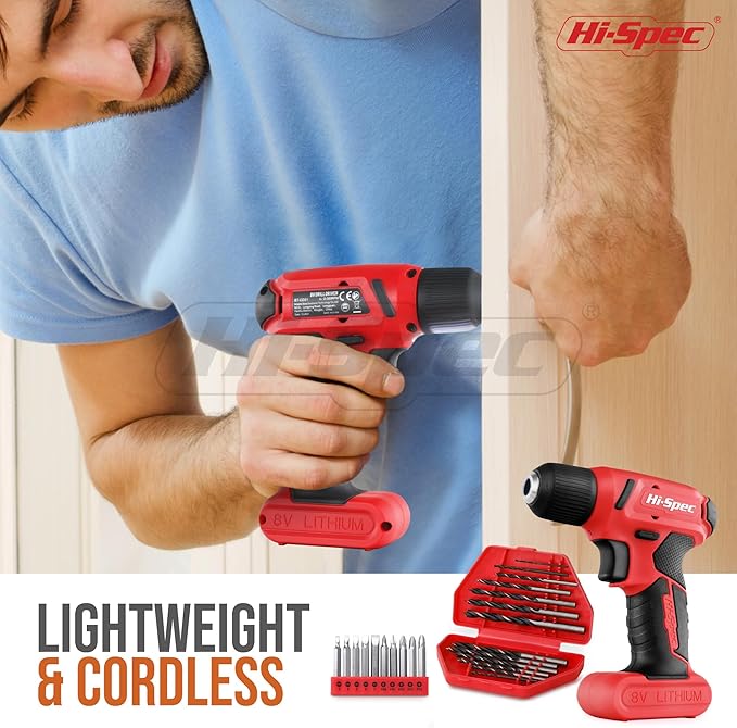 Hi-Spec 58pc Red 8V Electric Drill Driver & Household Tool Kit Set. A DIY Cordless Power Screwdriver