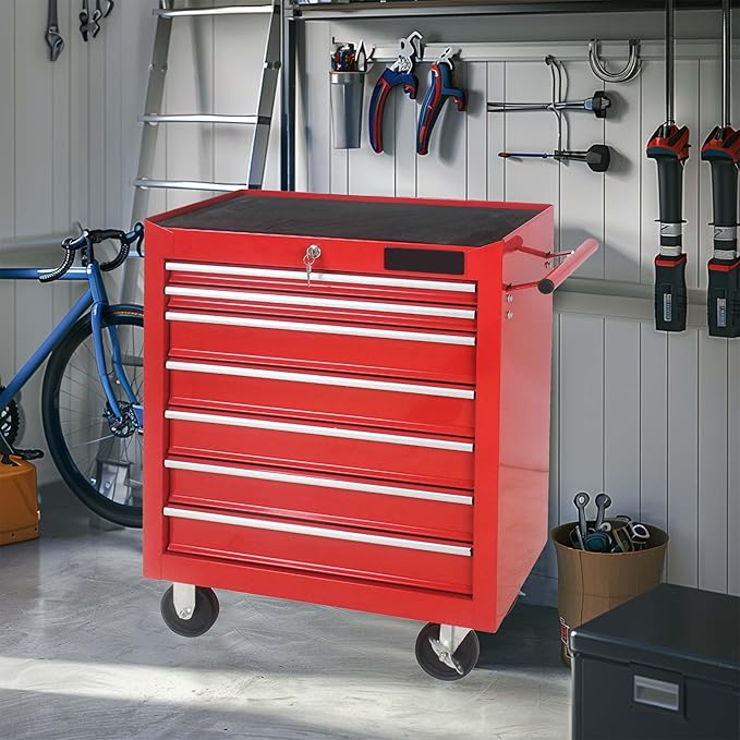 Rolling Tool Chest Metal Tool Box with Wheels Tool Cabinet Craftsman Tool Cart on Wheels Tool Box Portable Tool Box with Wheels 7 Drawers Multifunctional Tool Cart with Wheels, Red