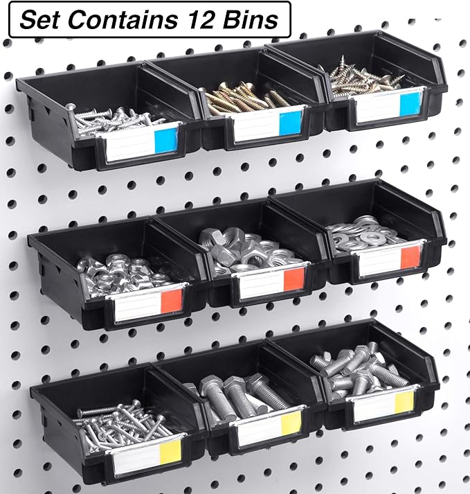 Pegboard Bins - 12 Pack Black - Hooks to Any Peg Board - Organize Hardware, Accessories, Attachments, Workbench, Garage Storage, Craft Room, Tool Shed, Hobby Supplies, Small Parts