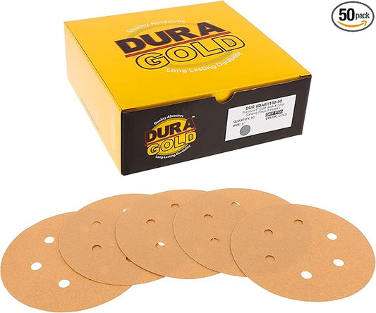 Dura-Gold Premium 100 Grit 6" Gold Sandpaper Discs, 6 Hole Pattern Dustless, Box of 50 - Hook & Loop Backing for DA Sander, Finishing Coarse Sanding Abrasive Automotive Paint, Woodworking Wood, Metal