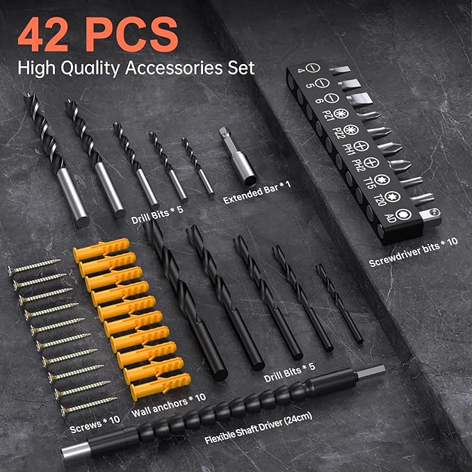 Cordless Drill Set,12V Power Drill Driver 3/8" Keyless Chuck with 42 Acessories, Built-in LED Light, 25+1 Position, Electric Drill for Home DIY Projects (Orange)