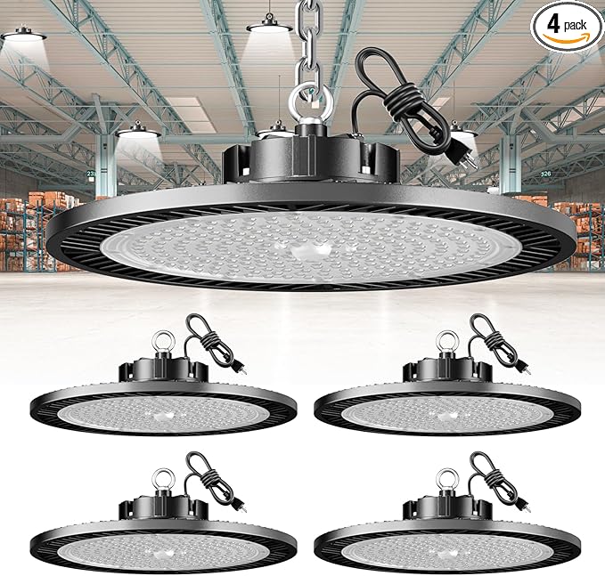 UFO Led High Bay Light, 250W 4 Pack 35000lm 5000k Daylight 100-277v Led Shop Light with 5' Cable 3-Pin Plug Hook Safe Rope, Led Garage Light for Warehouse Workshop Barn Garage