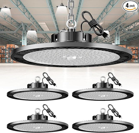 UFO Led High Bay Light, 250W 4 Pack 35000lm 5000k Daylight 100-277v Led Shop Light with 5' Cable 3-Pin Plug Hook Safe Rope, Led Garage Light for Warehouse Workshop Barn Garage