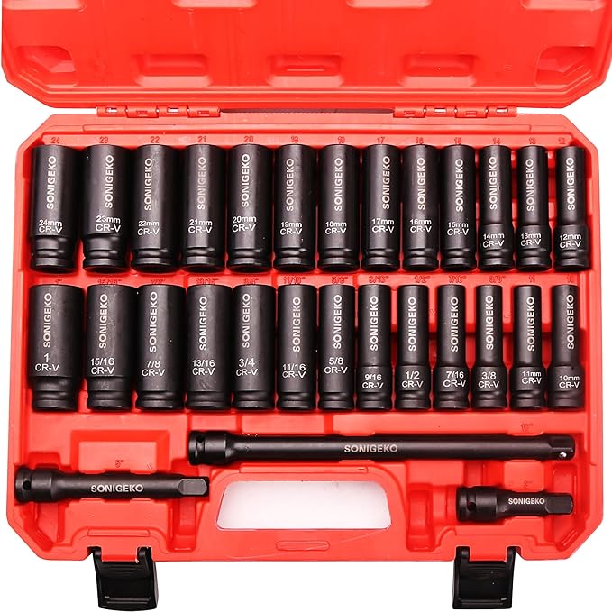Socket Set 1/2" Drive Impact Socket Set,29-Piece 6 Point Deep Socket Set Standard SAE and Metric CR-V Steel Sockets with 3",5",10" extension bar (Metric and SAE, 1/2" Socket Set, 29pcs)