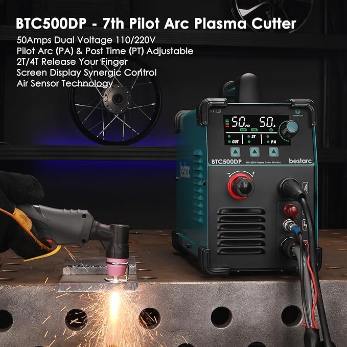 Plasma Cutter, Non Touch Pilot Arc, Air Sensor Technology, Large Digital Display Screen, BTC500DP 7Gen 50Amps 110/220V Dual Voltage, IGBT Plasma Cutter Machine (BTC500DP 7GEN 110/220V)