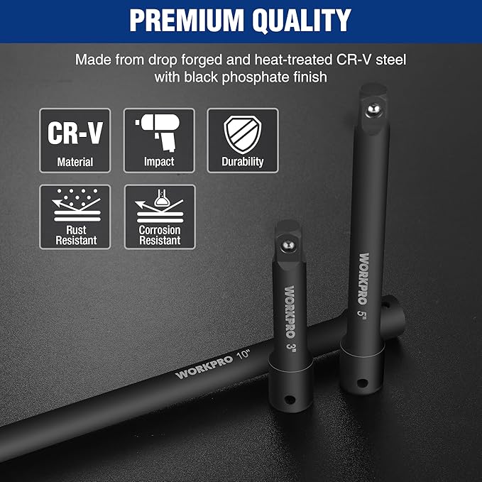 WORKPRO 3/8" Drive Impact Extension Bar Set, 3 PCS Socket Extensions, 3”, 5” and 10” Length, Premium Chrome Vanadium Steel with Black Phosphate Finish, Storage Tray Included