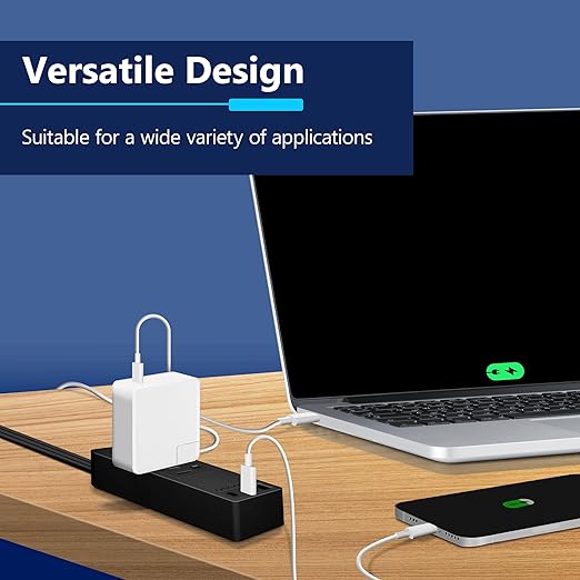 LIDER Outlet Extender with 3 Receptacles, USB Type-A and 2 USB Type-C Port, Ultra-Thin Flat-Plug with Cord Extender, 3-Outlet Power Strip, Slim Angled Design, Modern, 5ft Cord, Black