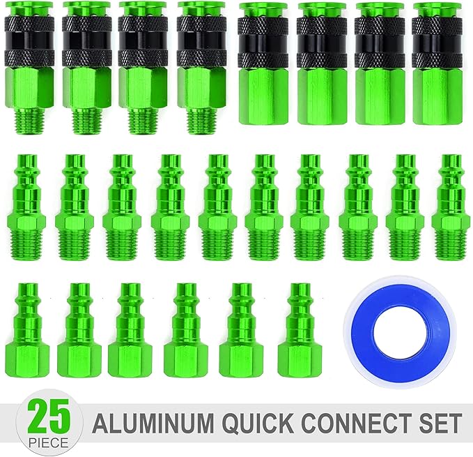 25 Pieces 1/4" NPT Aluminum Air Coupler and Plug Kit, Quick Connect Air Fittings, Industrial Quick Connector Set (Green)