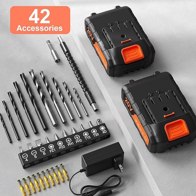 Cordless Drill, 20V Power Drill, Double 2000mAh Batteries Electric Drill, Cordless Drill with Battery and Charger, 3/8" Keyless Chuck Battery Drill with 25+1 Max 370 In-lb Torque, 42Pcs Drill Bits