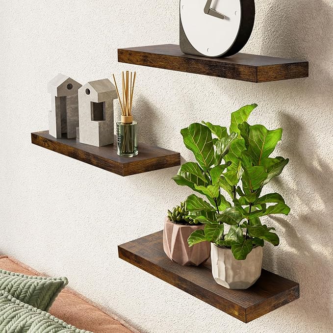 BAYKA Floating Wood Shelves - Wall Mounted for Bathroom,Bedroom,Living Room,Kitchen,Small Hanging Shelf for Books/Storage/Room Decor with 22lbs Capacity(Rustic Brown,Set of 3,15.7inch)
