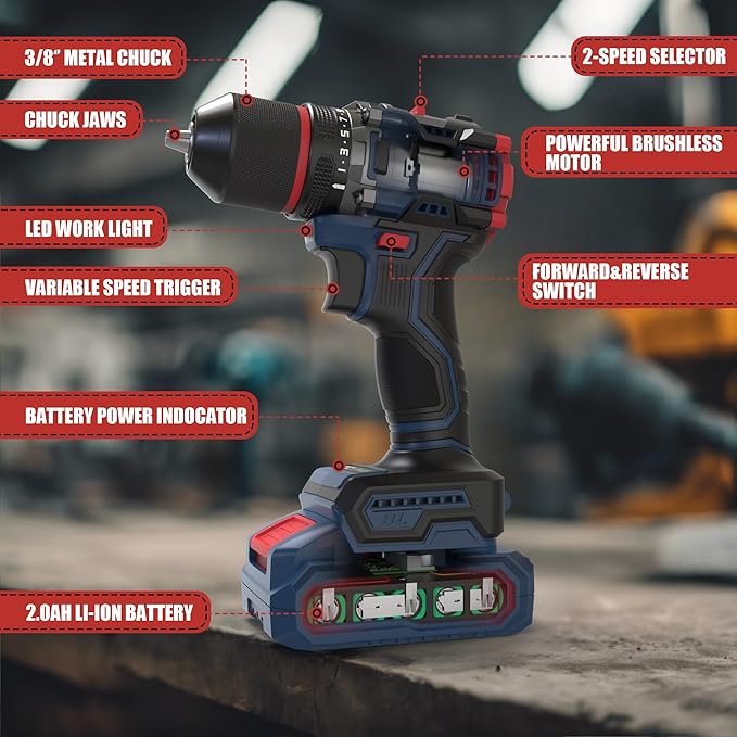 20V Cordless Drill Set, Brushless Power Drill Set with 2 Batteries and Charger,3/8-Inch Metal Chuck Electric Drill Driver,22 Torque Setting,Drill/Driver Bits and Tool Bag Included