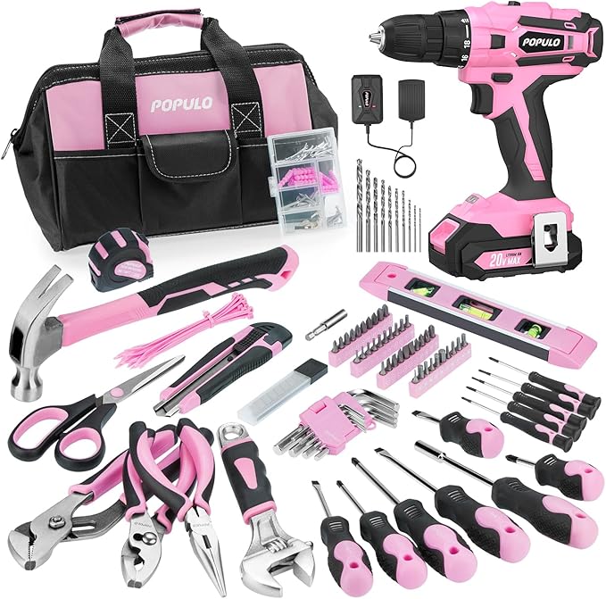 POPULO Pink Tool Kit 236-Piece with Cordless 20V 2000mAh Power Drill Driver, Lady's Basic Home Tool Set with 12-Inch Pink Tool Bag, Electric Drill Sets Combo Kit for Women, House, DIY