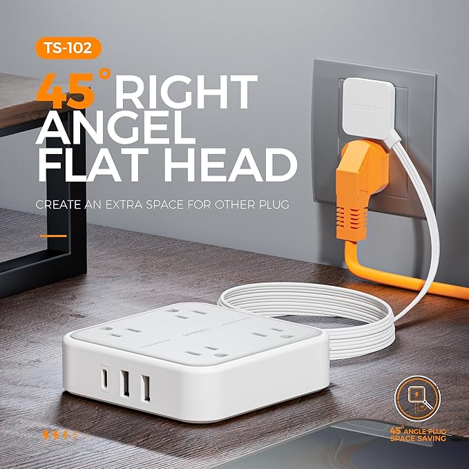 Flat Plug Surge Protector Power Strip, TESSAN 5 ft Ultra Thin Extension Cord with 3 USB Wall Charger(1 USB C Port), 4 Outlets Slim Desk Charging Station for Travel, Office, Dorm Room Essentials