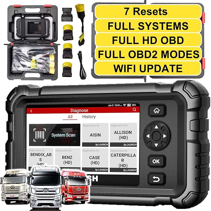 Launch CRP129 HD Heavy Duty Truck Scanner, Car Diagnostic Scanner for Commercial Vehicles, Full Sysem Diagnostic Tool, 7+ Services, Power Balance Test, Full OBD2/HD OBD/EOBD, 51+ Brands