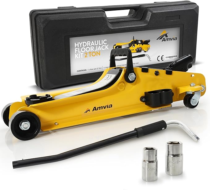 Floor Jack Kit 2 Ton with Case (4,400 lbs) | Car Jack Kit - Hydraulic Low Profile Jack | Trolley Jack - Tire Jack Tool Kit | Portable, Ideal for SUV and Auto - Universal Car Jack Kit with Lug Wrench