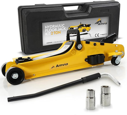 Floor Jack Kit 2 Ton with Case (4,400 lbs) | Car Jack Kit - Hydraulic Low Profile Jack | Trolley Jack - Tire Jack Tool Kit | Portable, Ideal for SUV and Auto - Universal Car Jack Kit with Lug Wrench