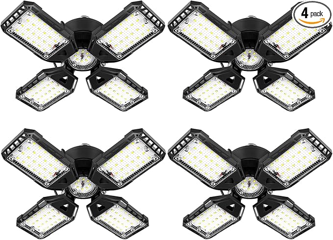 LED Garage Lights 4 Pack -120W, 12000LM 6500K Led Shop Light with 4+1 Deformable Panels, Basement Barn Light Garage Ceiling Lights, E26/E27 for Garage, Warehouse, Shop