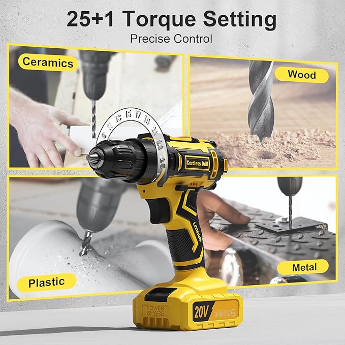 Cordless Drill, 20V Power Drill, Double 2000mAh Batteries Electric Drill, Cordless Drill with Battery and Charger, 3/8" Keyless Chuck Battery Drill with 25+1 Max 370 In-lb Torque, 42Pcs Drill Bits