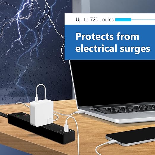 LIDER Outlet Extender with 4 Receptacles, USB Type-A and 2 USB Type-C, Ultra-Thin Flat-Plug with Cord Extender, 4-Outlet Power Strip, Slim Angled Design, Surge Protector, 720 Joules, 5ft Cord, Black