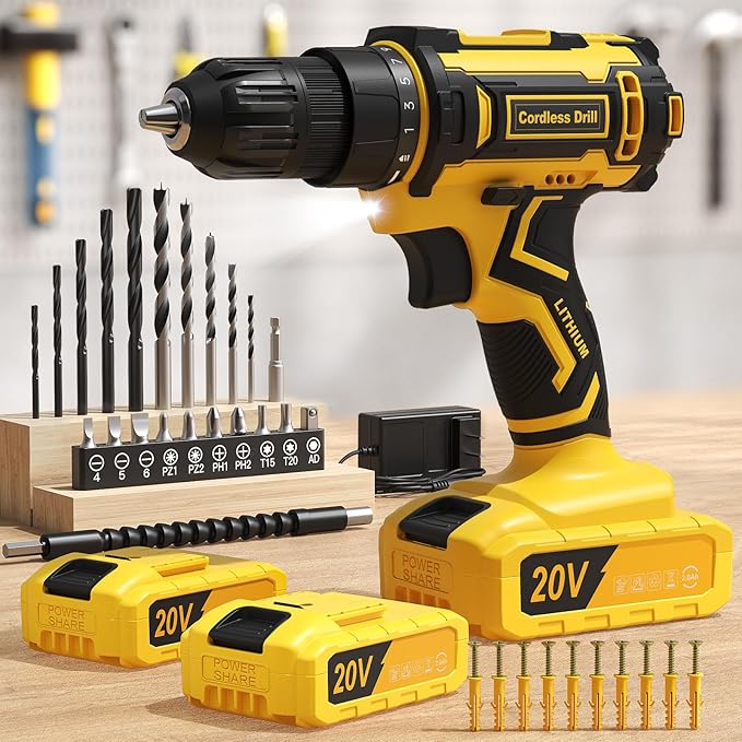 Cordless Drill, 20V Power Drill, Double 2000mAh Batteries Electric Drill, Cordless Drill with Battery and Charger, 3/8" Keyless Chuck Battery Drill with 25+1 Max 370 In-lb Torque, 42Pcs Drill Bits