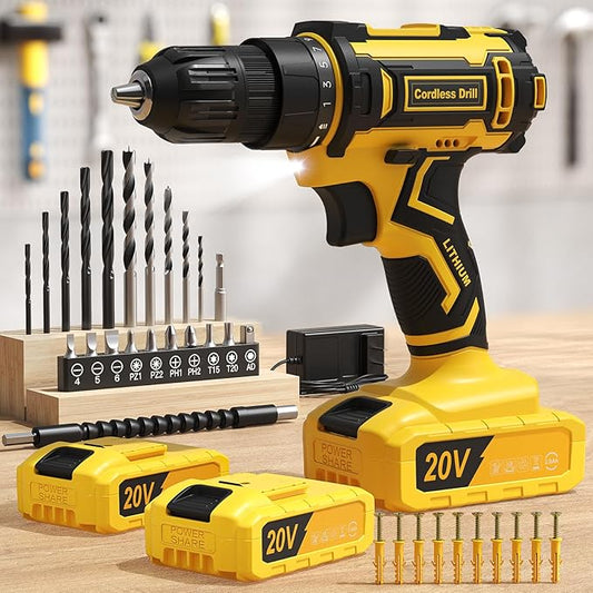 Cordless Drill, 20V Power Drill, Double 2000mAh Batteries Electric Drill, Cordless Drill with Battery and Charger, 3/8" Keyless Chuck Battery Drill with 25+1 Max 370 In-lb Torque, 42Pcs Drill Bits