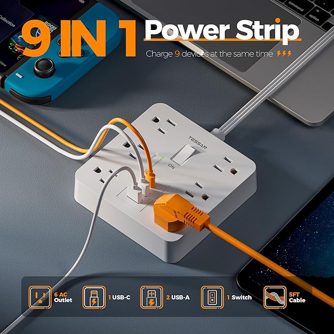 Surge Protector Power Strip with1700 Joules Protection, TESSAN 5FT White Extension Cord with 6 AC Outlets, 3 USB Ports(1 USB C), Multiple Outlets Flat Plug Power Strip, for Home Office Dorm