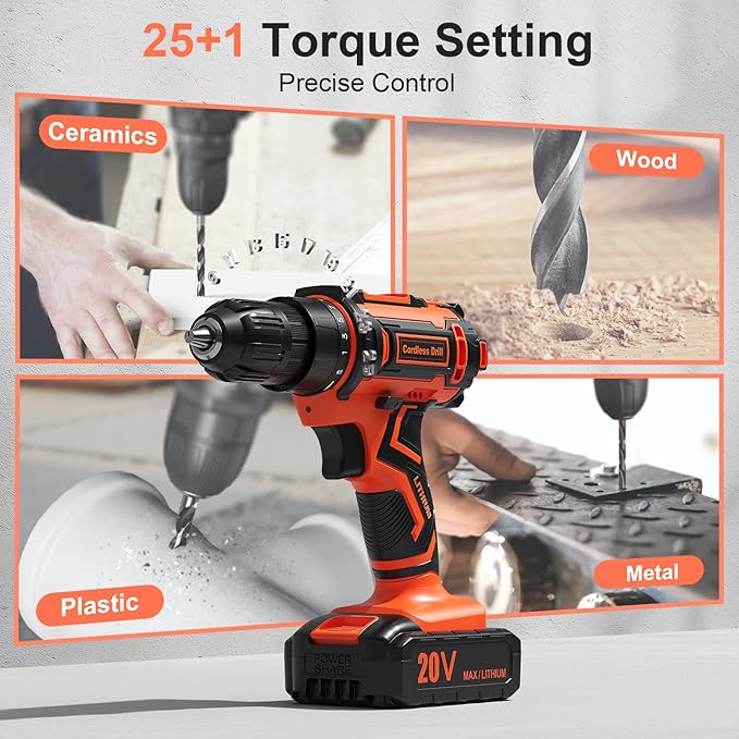 Cordless Drill, 20V Power Drill, Double 2000mAh Batteries Electric Drill, Cordless Drill with Battery and Charger, 3/8" Keyless Chuck Battery Drill with 25+1 Max 370 In-lb Torque, 42Pcs Drill Bits