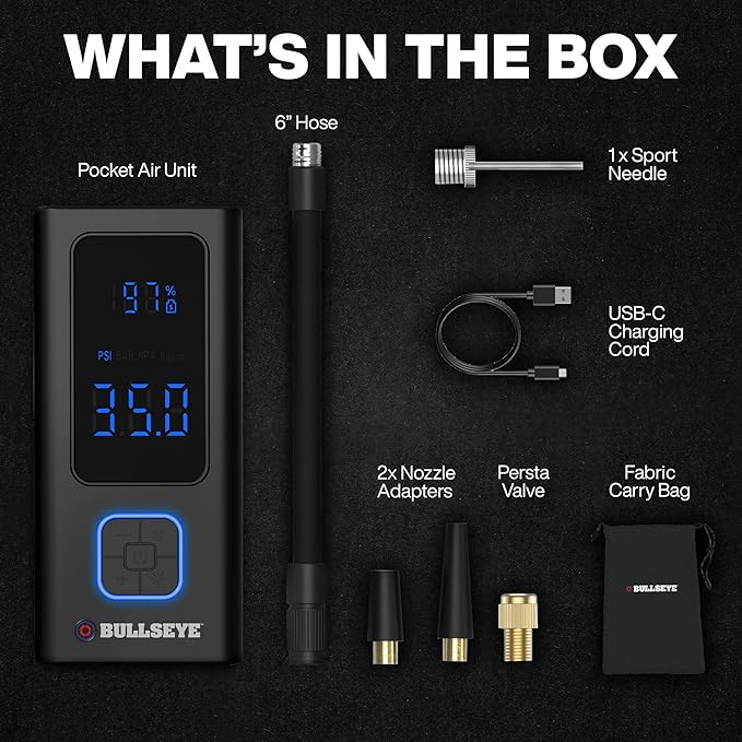 POCKET AIR Car Tire Inflator Portable Air Compressor by Bullseye Pro, Rechargeable 4000MAH Portable Tire Inflator for Car, Inflatables, Ball, Lightweight Air Pump Portable with LED Pressure Gauge