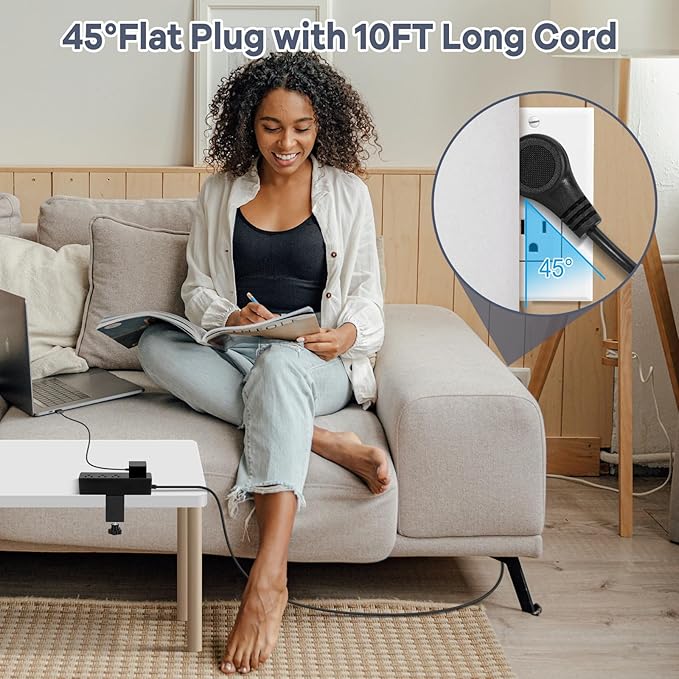 Desk Clamp Power Strip - 20W USB C Fast Charging Station - Desk Power Strip Flat Plug Extension Cord 10FT with 4 USB Ports + 4 Outlets - Desktop Mount Surge Protector - Fit 1.8" Tabletop Edge