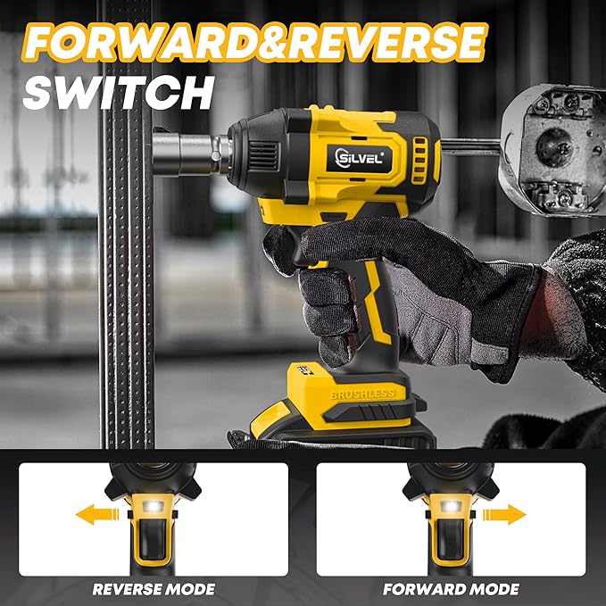 SILVEL Cordless Impact Wrench, 370 Ft-lbs (500N.m) Impact Gun 1/2 inch, 2 * 4.0Ah Battery Powered Brushless Impact Wrench with 6 Sockets, Fast Charger