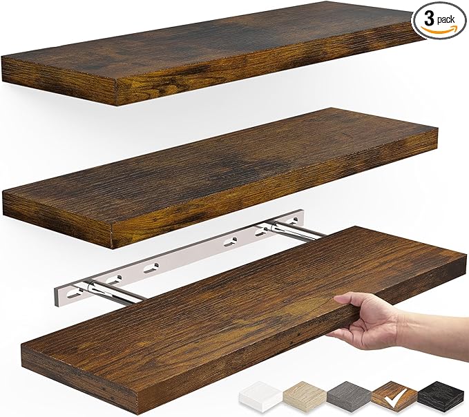 BAYKA Floating Wood Shelves - Wall Mounted for Bathroom,Bedroom,Living Room,Kitchen,Small Hanging Shelf for Books/Storage/Room Decor with 22lbs Capacity(Rustic Brown,Set of 3,15.7inch)