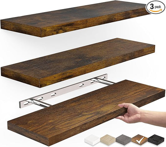 BAYKA Floating Wood Shelves - Wall Mounted for Bathroom,Bedroom,Living Room,Kitchen,Small Hanging Shelf for Books/Storage/Room Decor with 22lbs Capacity(Rustic Brown,Set of 3,15.7inch)