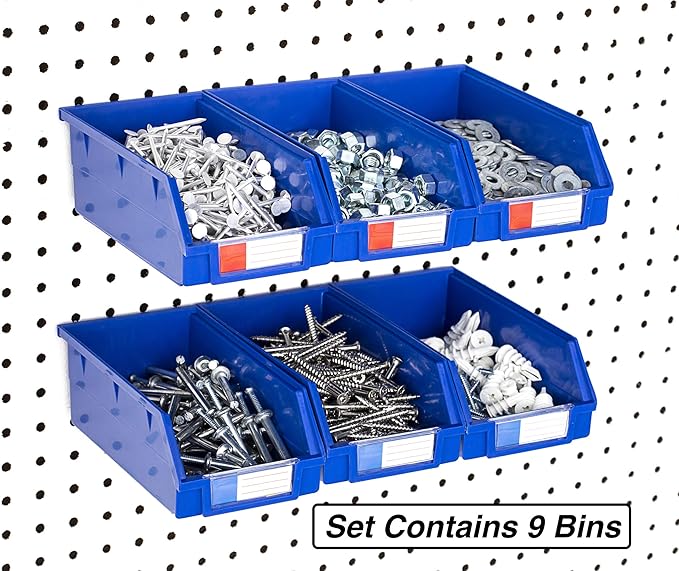 Pegboard Bins – 9 Pack Blue Extra Large - Hooks to Any Peg Board - Organize Hardware, Accessories, Attachments, Workbench, Garage Storage, Craft Room, Tool Shed, Hobby Supplies, Parts