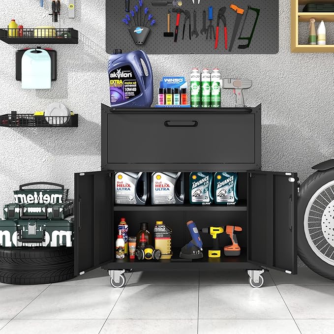 Metal Storage Cabinet with Wheels, Lockable Garage Storage Cabinet with 2 Doors and 1 Drawer, Rolling Tool Storage Cabinet, Assembly Required, Black