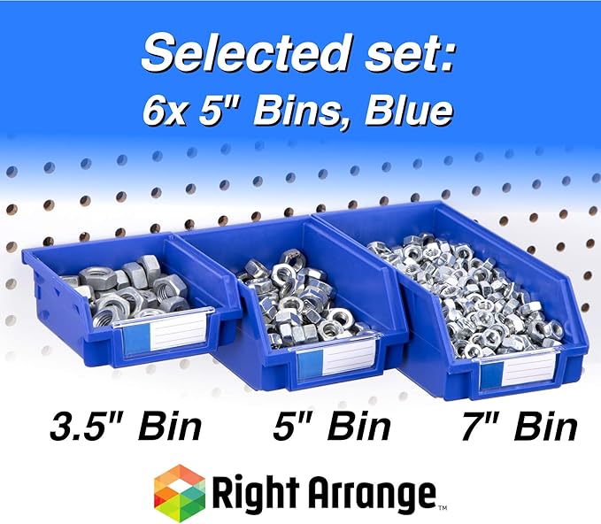 Pegboard Bins - 6 Pack Blue Large - Hooks to Any Peg Board - Organize Hardware, Accessories, Attachments, Workbench, Garage Storage, Craft Room, Tool Shed, Hobby Supplies, Small Parts