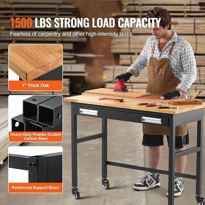VEVOR 48" Workbench, 1500 lbs Load Capacity, Work Bench with Sliding Drawer Storage and Wheels, Rolling Workbench on Wheels, Heavy Duty Oak Wood Top Work Table for Garage, Workshop, Office, and Home