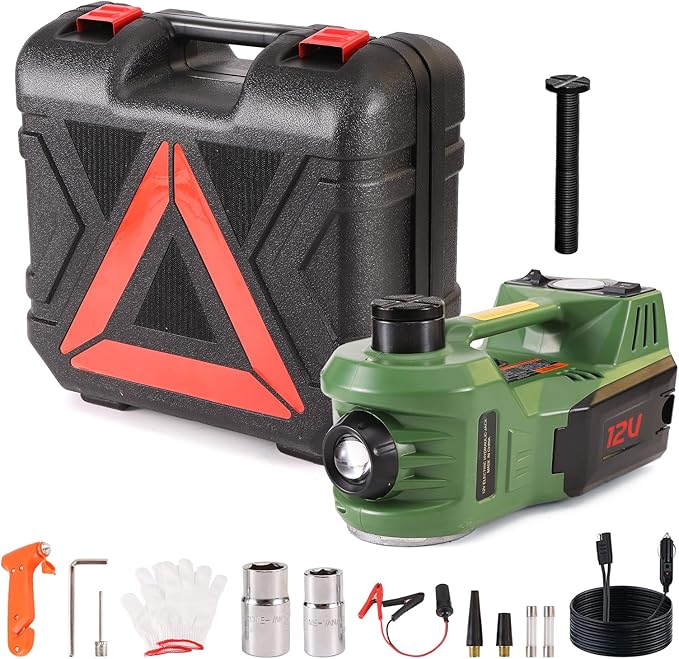 EFFIROSO Electric Car Jack Kit 5 Ton 12V Hydraulic Floor Jack with Impact Wrench Tire Inflator Pump for Vehicle Emergency Repair Kit 11023lbs(Gray) (Green)