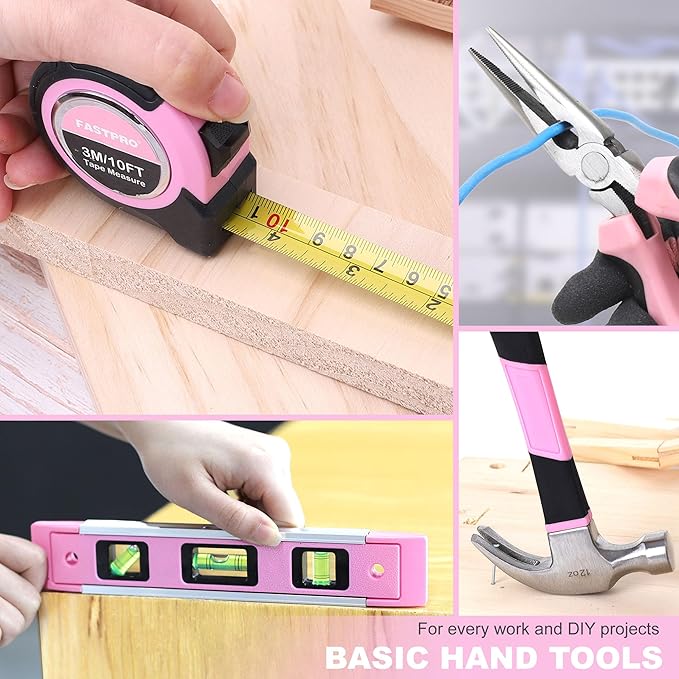 FASTPRO 177-Piece 20V Pink Cordless Lithium-ion Drill Driver and Home Tool Set, Lady's Home Repairing Tool Kit with Drill in Tool Storage Case