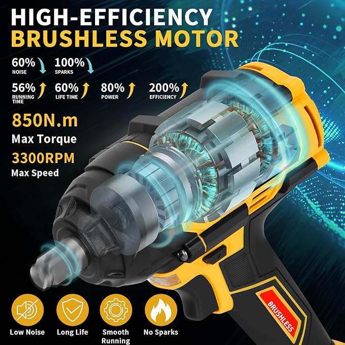 850N.m Cordless Impact Wrench Set, 1/2 inch 640Ft-lbs 21V Brushless Impact Gun, Llave De Impacto w/ 2 x 4.0Ah Battery, Charger, 5 Sockets, Kit Pistola De Impacto for Car Home