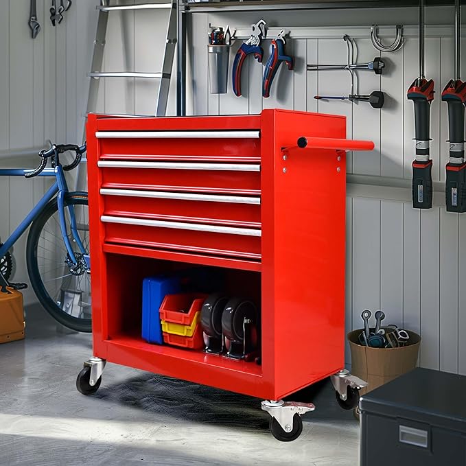 Rolling Tool Chest Metal Tool Box with Wheels Tool Cabinet Craftsman Tool Chest Us General Tool Box Portable Tool Box with Wheels 4 Drawers Multifunctional Tool Cart with Wheels, Red