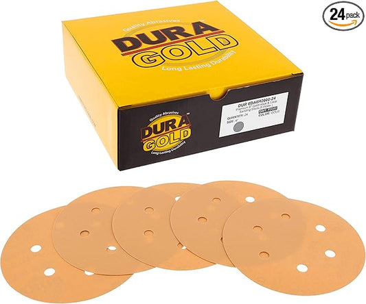 Dura-Gold Premium 2000 Grit 6" Gold Sandpaper Discs, 6 Hole Pattern Dustless, Box of 24 - Hook & Loop Backing for DA Sander, Detailing Finishing Color Sanding Automotive Paint, Woodworking Wood, Metal