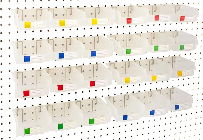Pegboard Bins – 24 Pack Clear - Hooks to Any Peg Board - Organize Hardware, Accessories, Attachments, Workbench, Garage Storage, Craft Room, Tool Shed, Hobby Supplies, Small Parts