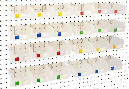 Pegboard Bins – 24 Pack Clear - Hooks to Any Peg Board - Organize Hardware, Accessories, Attachments, Workbench, Garage Storage, Craft Room, Tool Shed, Hobby Supplies, Small Parts