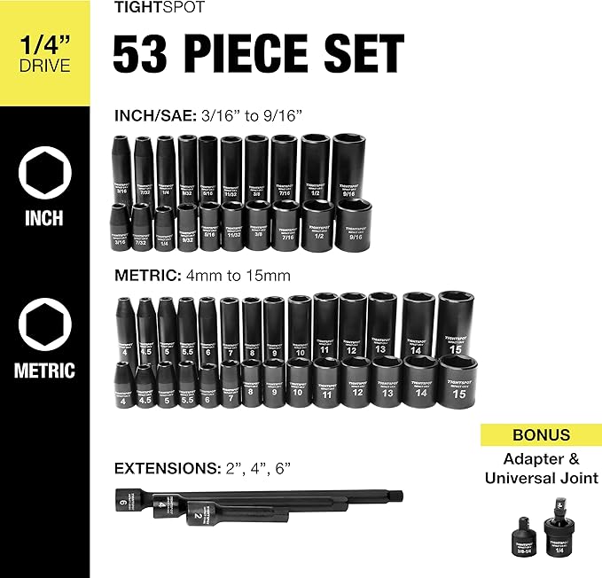 TIGHTSPOT 1/4" Drive 53pc Impact Socket PRO SET, our Most Popular Set Ever with SAE & Metric from 3/16 Inch - 9/16 Inch, 4mm-15mm, Standard/Deep Sockets, Extension Bars, Adapter & More