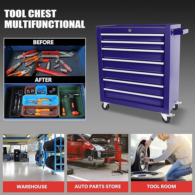 7 Drawer Metal Tool Chest 30 inch,Tool Cart On Wheels with Wheels,Mechanic Tool Cart with Lock and Toolboxes Trays for Garage Tool Storage Cabinet,(Blue)