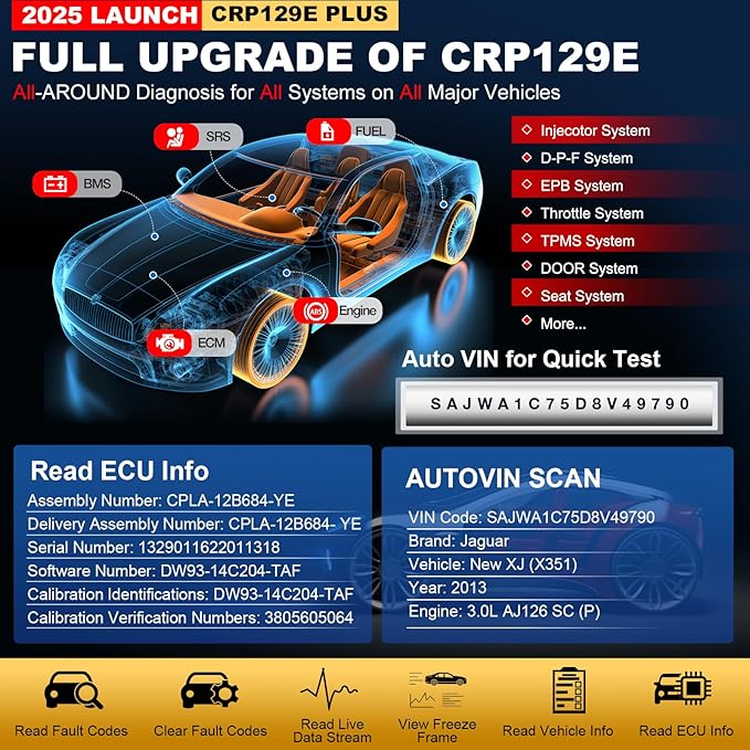 LAUNCH CRP129E Plus OBD2 Scanner, All System Diagnostic Scan Tool, Lifetime Free Update, 8 Reset Oil/TPMS/EPB/SAS/BMS/Throttle Reset, Injector Coding, FCA AutoAuth,Auto VIN, Battery Test for 85+Brand