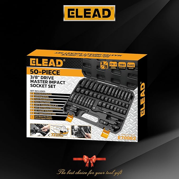 ELEAD 3/8" Drive Impact Socket Set, 50-Piece Standard SAE (5/16 to 3/4 inch) and Metric (8-22mm) Size, Deep & Shallow, 6 Point, Cr-V, 72-Tooth Ratchet Handle, Extension Bar, Universal Joint
